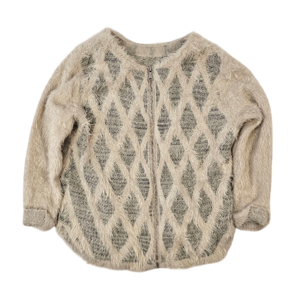 NIC+ZOE Beige Grey Eyelash Knit Diamond Argyle Zip Up Cardigan Sweater Petite P